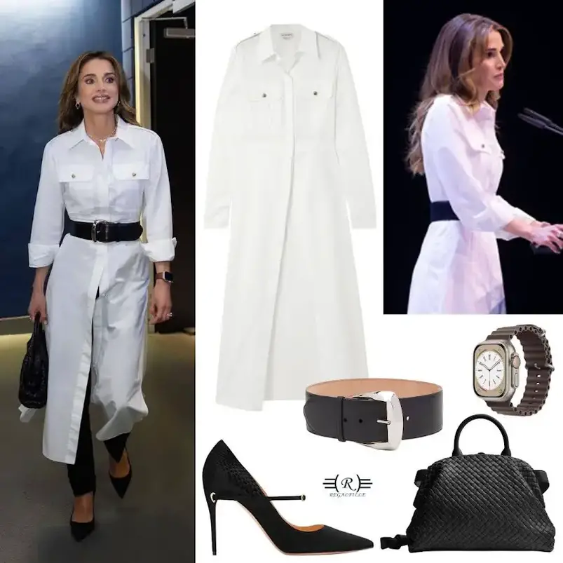 Queen Rania wearing a simple, long and open white shirt from the bottom made of cotton poplin fabric with pleats and a stylish black belt