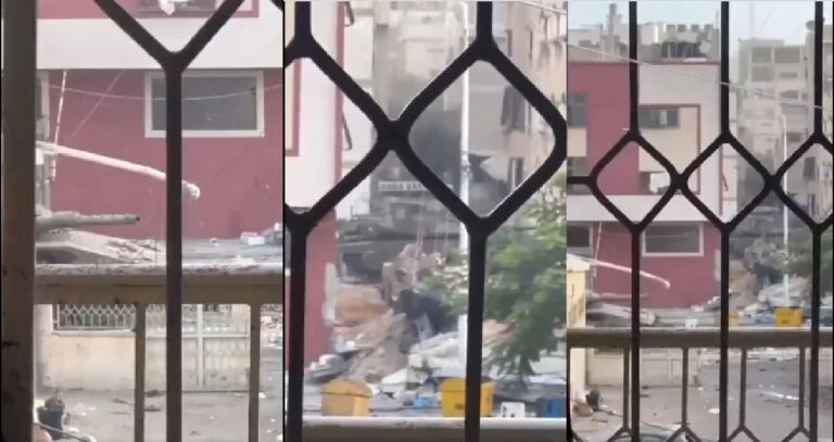 Video of occupation tanks surrounding Al-Rantisi Hospital in northern Gaza, with warnings of a catastrophe