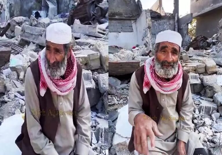 Unyielding Defiance: Elderly Palestinian’s Resolute Message Amidst Ruins of Destroyed Home in Gaza