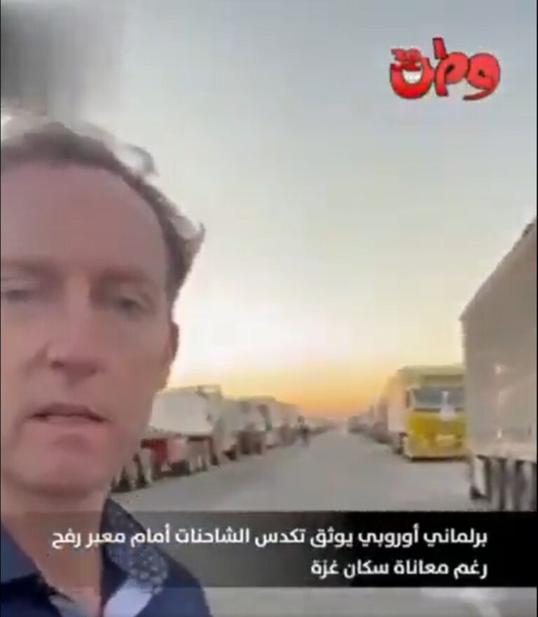 Crisis at Rafah Crossing: European Parliamentarian Barry Andrews Documents Aid Trucks Amidst Gaza’s Hunger Catastrophe