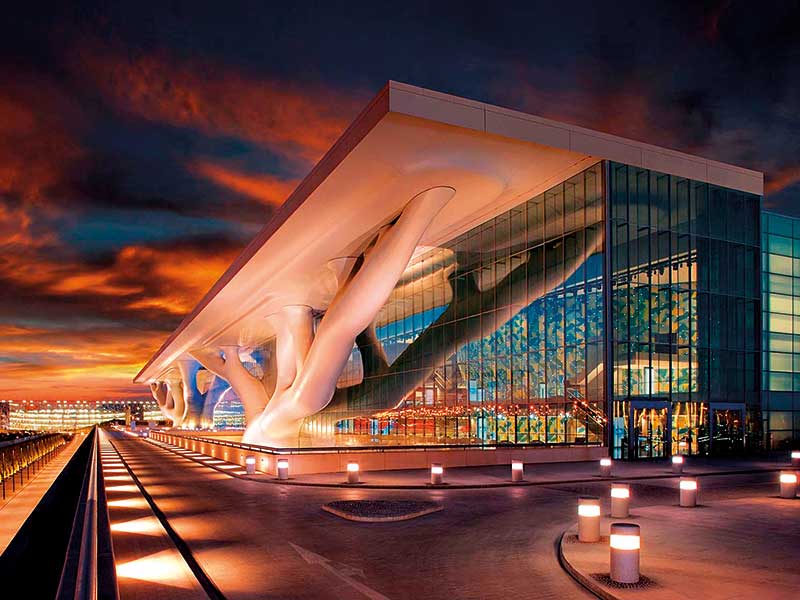 A photograph of the Qatar National Convention Centre’s