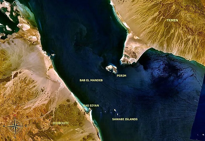 Aerial view of Bab al-Mandab Strait, highlighting its strategic importance.